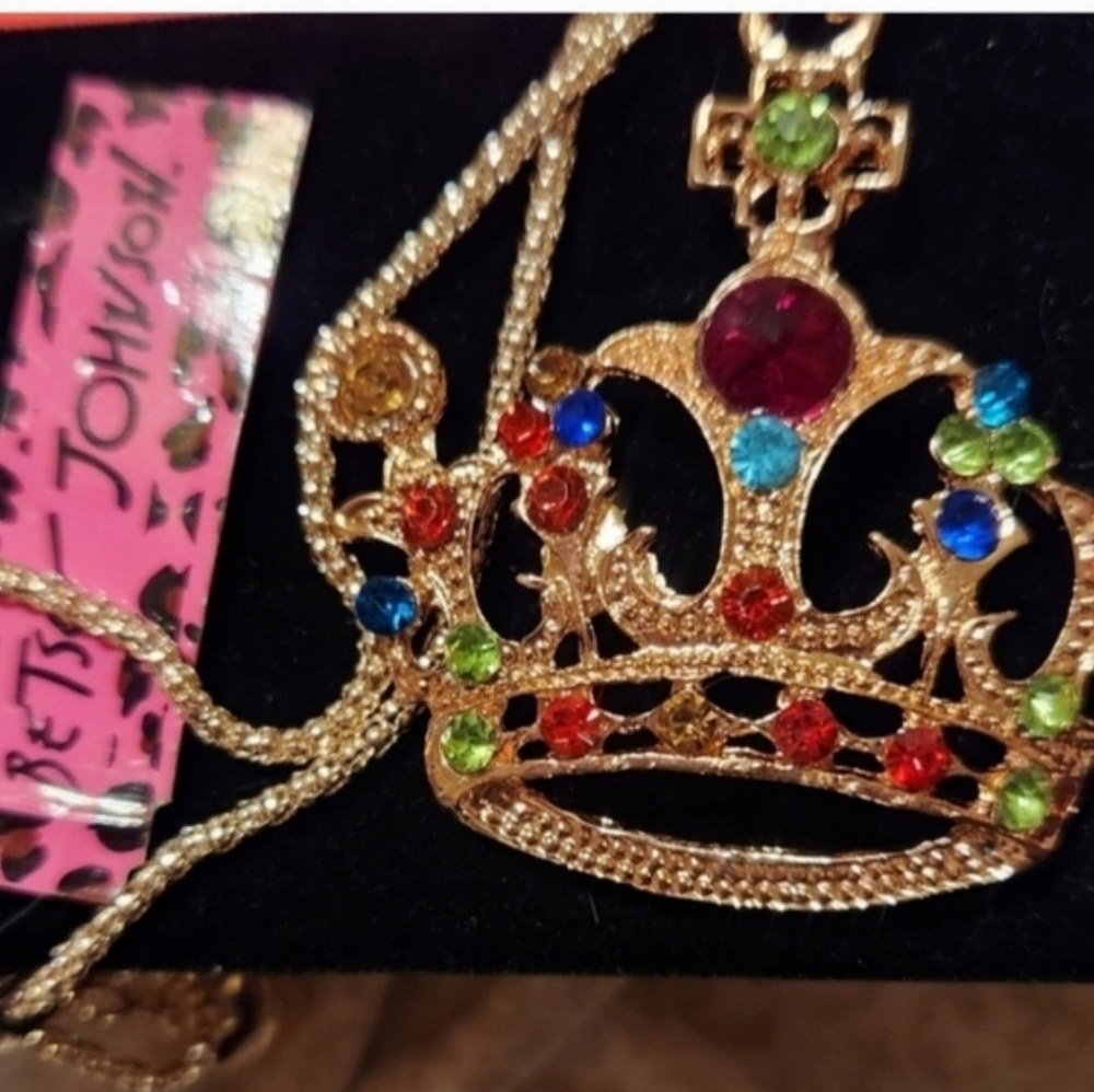 Long Goldtone Necklace Enamel & Crystal Crown Pendant
